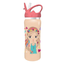 500ml stainless steel bottle with pink flip lid and illustrated girl graphic