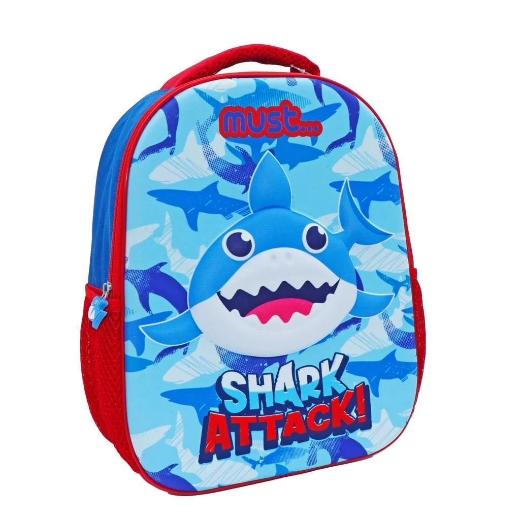 Kids 13-inch 3D shark backpack, blue with red trim and bold Shark Attack graphics