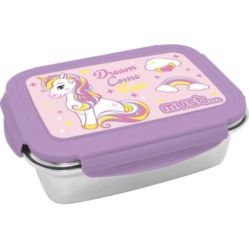 Purple stainless steel lunch box with unicorn and rainbow graphic, 900ml