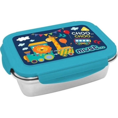 Turquoise stainless steel lunch box with hinged lid and train cartoon graphic, 900ml