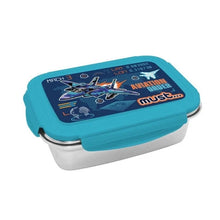 Stainless steel lunch box with turquoise hinged lid and aviation graphic, MUST branding, 900ml