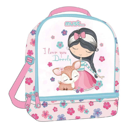 Isothermal lunch bag with must logo, pink floral design and deer girl graphic