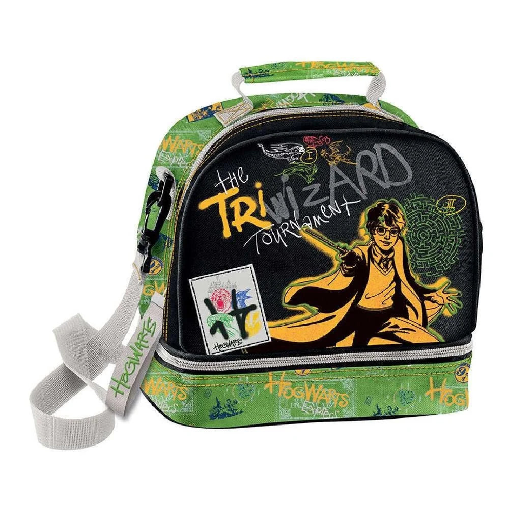 Isothermal lunch bag with black and green design, wizard theme and front zip pocket