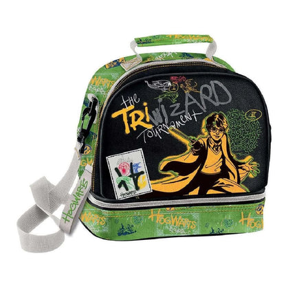 Isothermal lunch bag with black and green design, wizard theme and front zip pocket