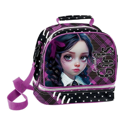 Isothermal lunch bag with purple-and-black check design, girl portrait graphic and strap