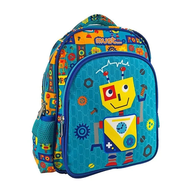 Robot-themed 12.5 in backpack, blue, two compartments, front zipper and handle