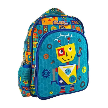 Robot-themed 12.5 in backpack, blue, two compartments, front zipper and handle