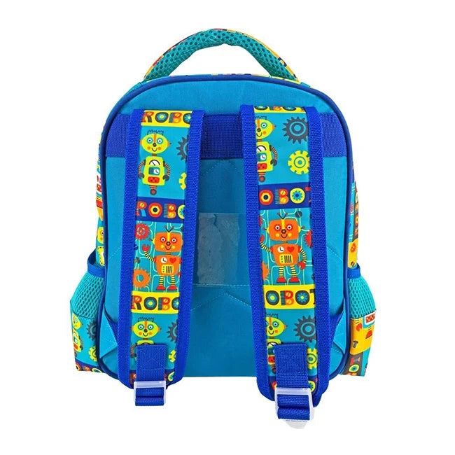 Robot print backpack back panel with padded adjustable straps and mesh side panels