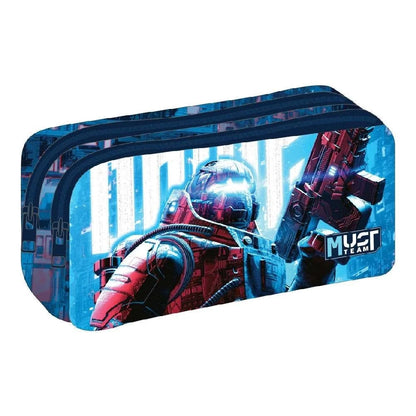Insulated lunch bag with zip-top, blue robot space print, carrying strap.