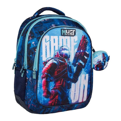 Insulated lunch bag with carry handle, blue robot print, front zip pocket, side pouch.