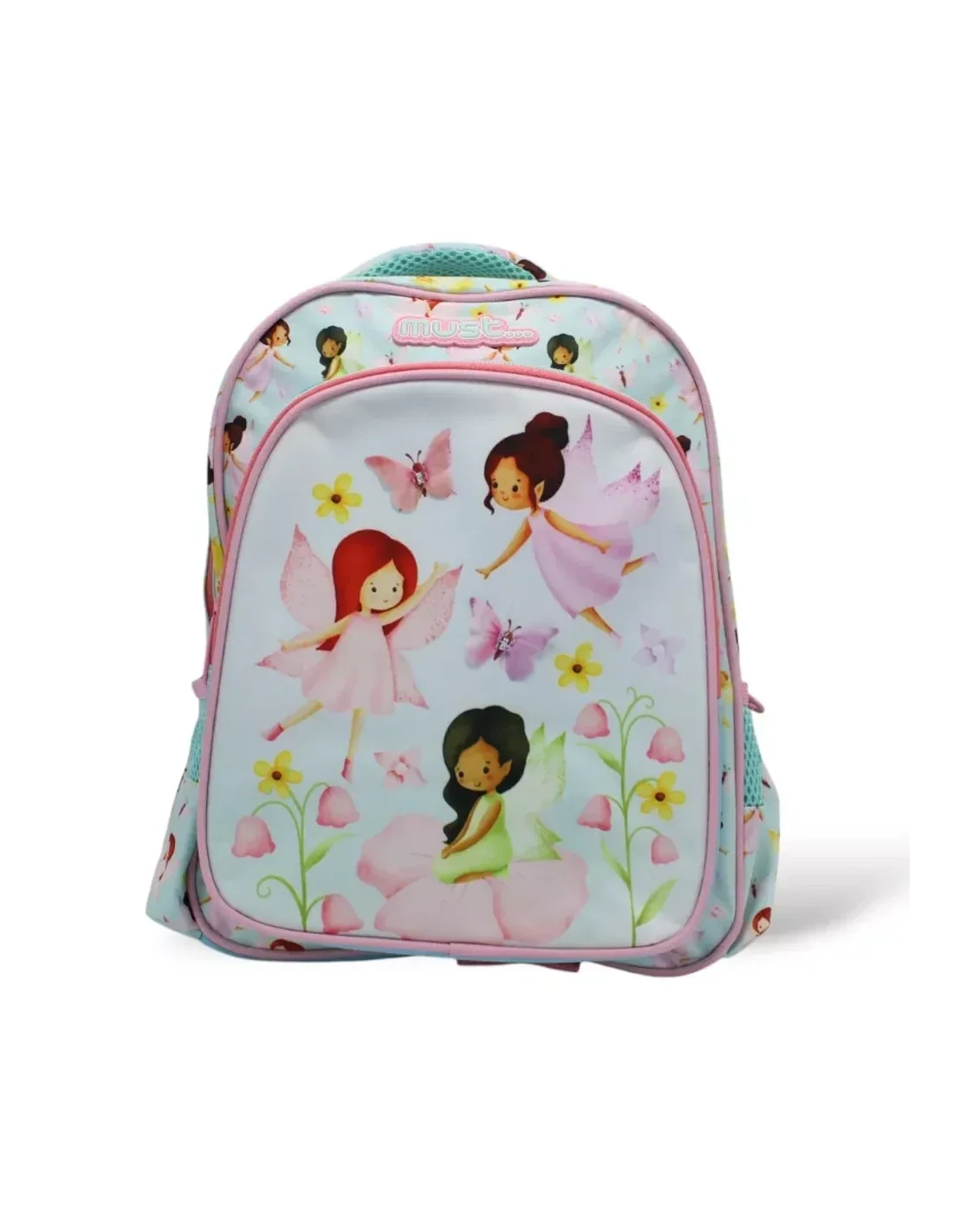 Light pink kids backpack with fairy print, rounded front, and front zip pocket