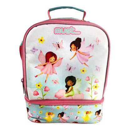 Isothermal lunch bag with pink handle and fairy print, pink zip top and teal base