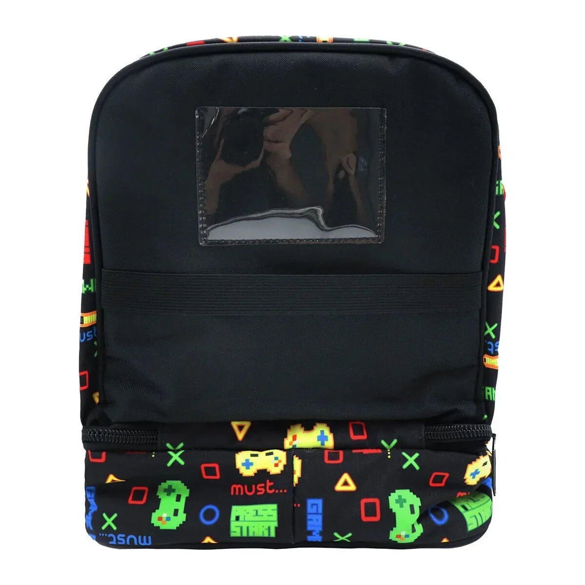 MUST isothermal lunch bag, black back view with clear label window and game icon trim