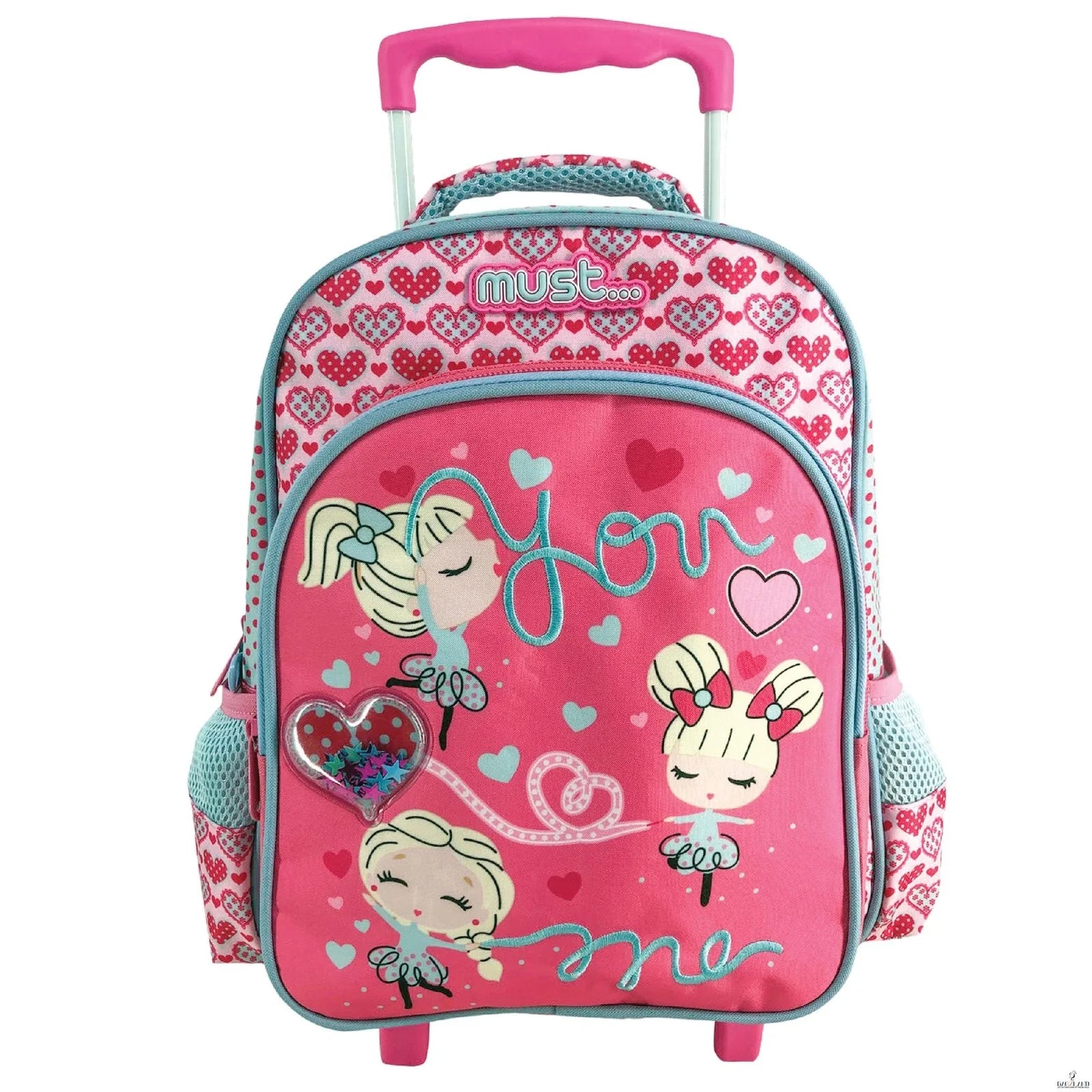 Kids 12.5-inch trolley backpack, pink cartoon hearts, two-compartment front.