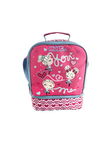 Insulated pink lunch bag with must logo, cartoon hearts, zip top and carry handle