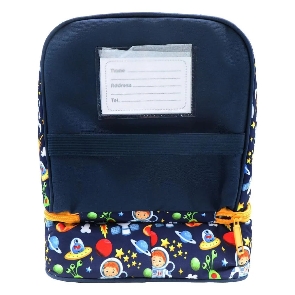 Isothermal lunch bag navy with address label panel and space print hem, zip-top