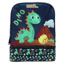 Isothermal lunch bag with dino print, zip-top, front panel and bottom side pocket