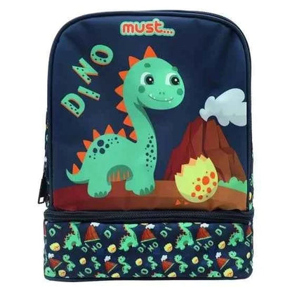 Isothermal lunch bag with dark blue dinosaur print and colorful spikes; zip top handle.