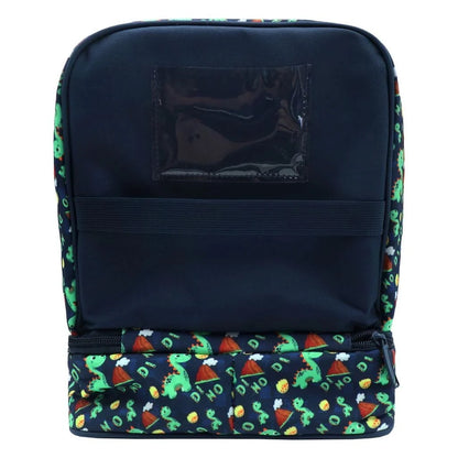 Isothermal lunch bag back view, dark panel with zip and dino-pattern trim