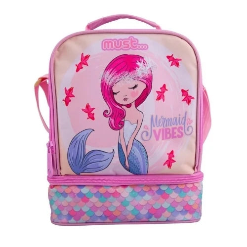 MUST mermaid-themed insulated lunch bag, pink with mermaid girl graphic and scallop scale front