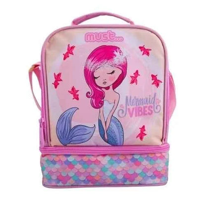 Isothermal lunch bag with pink mermaid graphic and sparkle stars; zip top and front pocket.