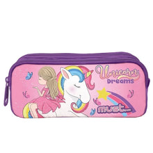 Pink unicorn pencil case with two zippers and character print
