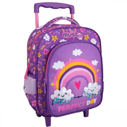 Kids trolley backpack, purple with rainbow clouds and “Perfect Day” graphic, rolling wheels