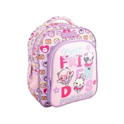 Kids backpack, pastel pink-purple with front character print and zip pockets