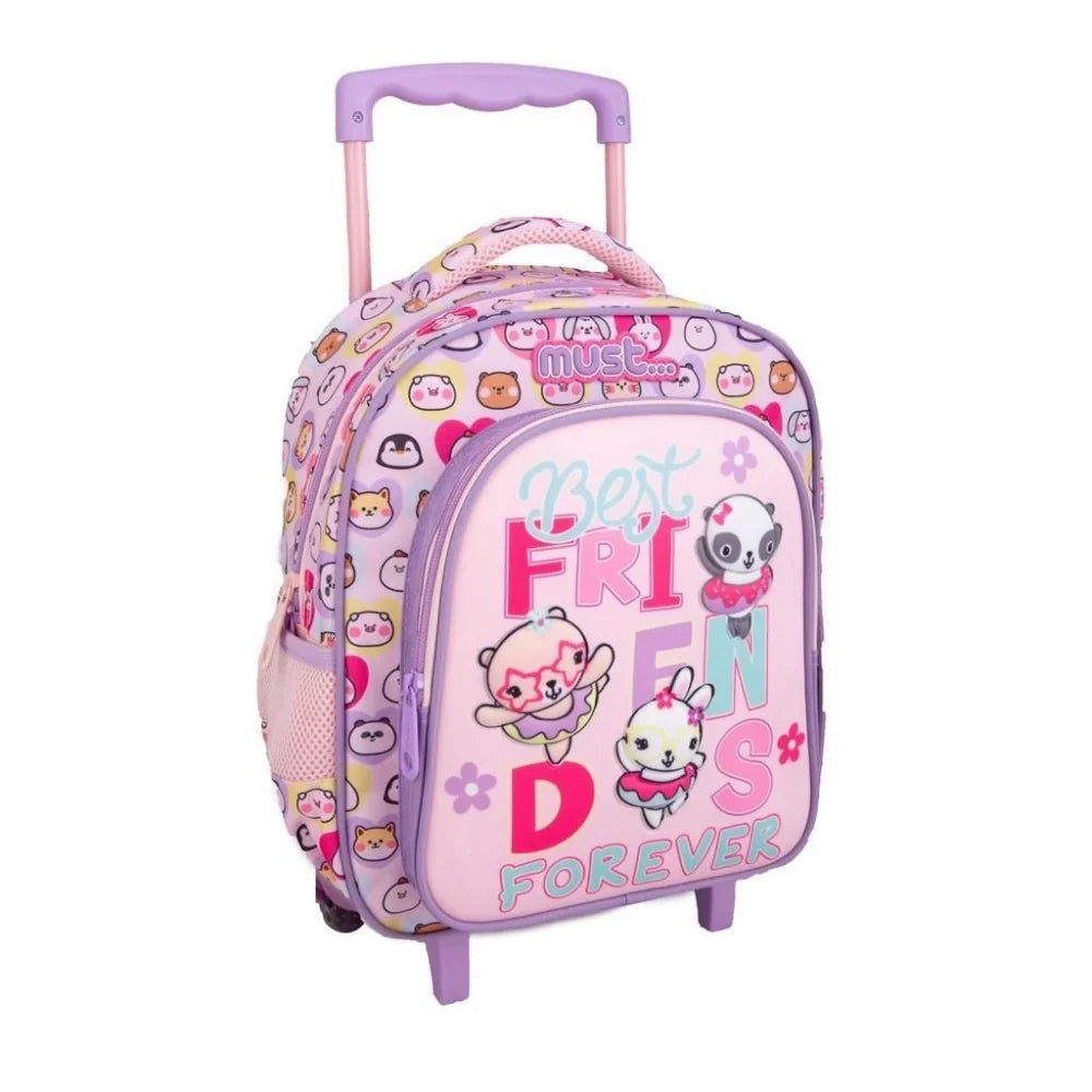 Kids 12.5" trolley bag with front graphic, purple/pink shell, rolling wheels