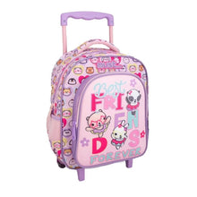 Kids 12.5" trolley bag with front graphic, purple/pink shell, rolling wheels