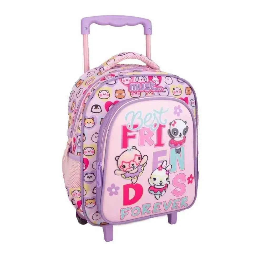 Kids trolley backpack, purple with panda and bunny graphic, front zip panel, top handle