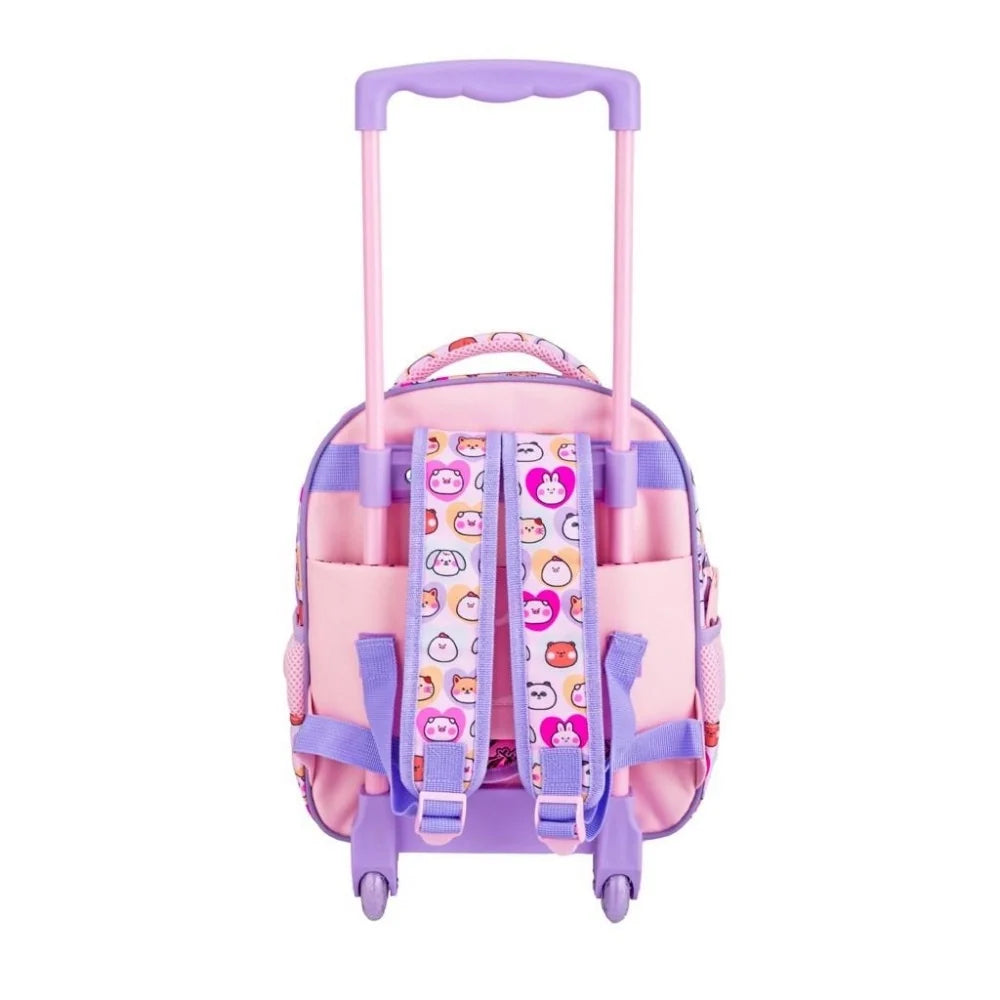 Kids 12.5" trolley bag back view with adjustable straps and purple/pink handle