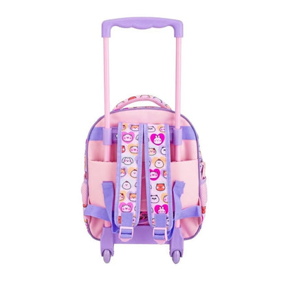 Kids 12.5" trolley bag back view with adjustable straps and purple/pink handle