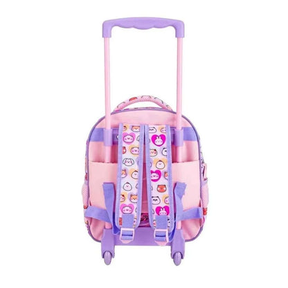Kids trolley backpack back view, pink straps and mesh pockets, purple handle, rolling wheels