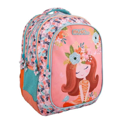 Girls' 17-inch floral backpack with pink front girl illustration and front zip pocket