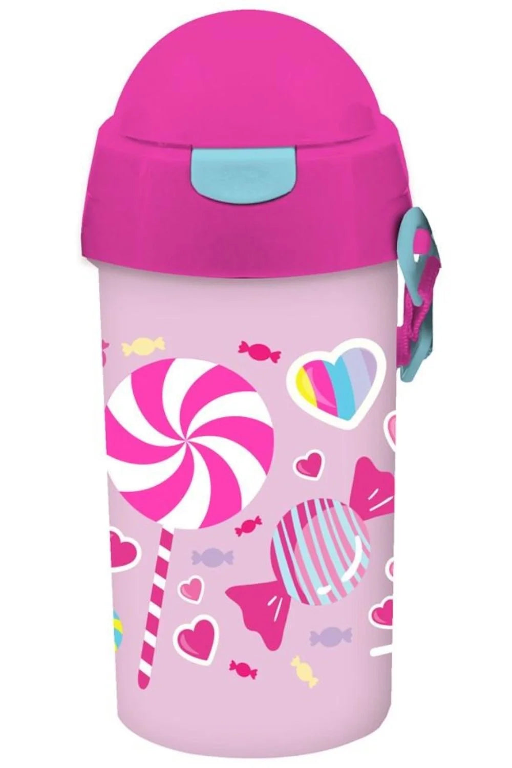 500ml lollipop water container, pink dome lid, pink body with candy heart graphics