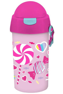 500ml lollipop water container, pink dome lid, pink body with candy heart graphics