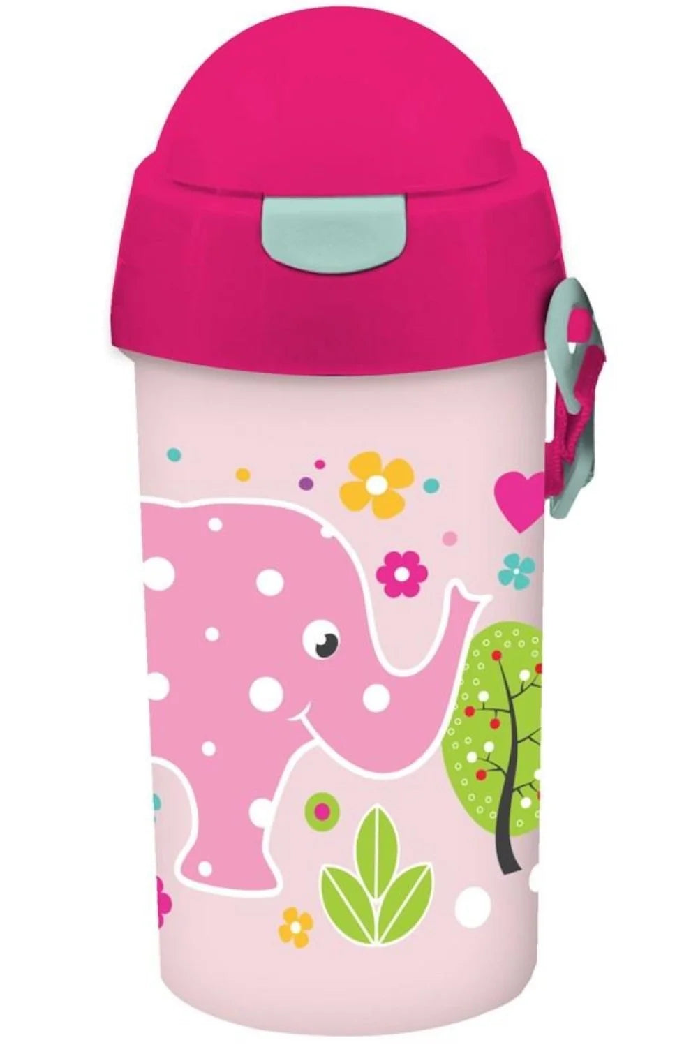 500ml elephant water container with pink domed lid, pink bottle with flower graphics