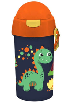 500ml kids water canteen with orange lid and dinosaur print on navy body