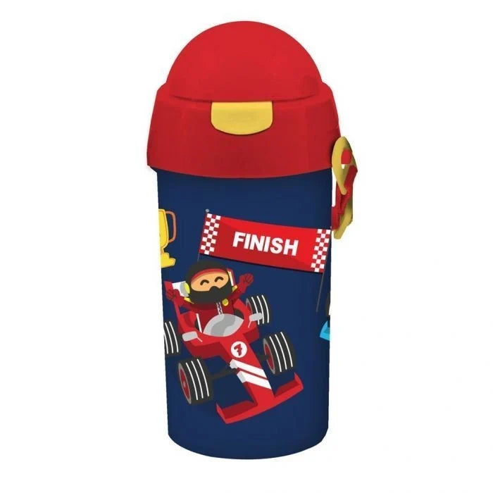 MUST water canteen with red flip lid, blue racer graphic, checkered FINISH band
