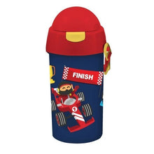 MUST water canteen with red flip lid, blue racer graphic, checkered FINISH band