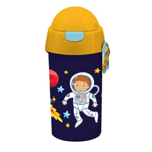 500ml water canteen with yellow flip lid, dark navy space astronaut graphic and side handle