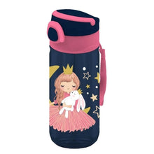 500ml water bottle with Moon Girl graphic, navy body and pink lid