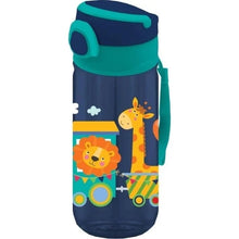 MUST 500ml water bottle with teal lid, navy body, jungle animal graphics
