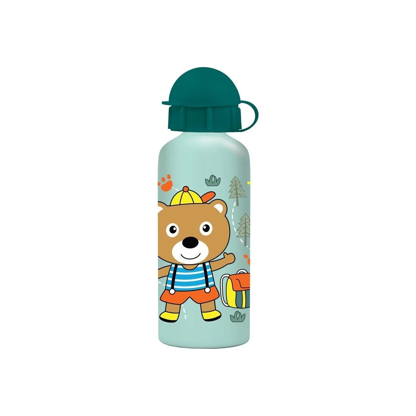 Mint aluminum water canteen with bear cartoon and teal flip-top lid