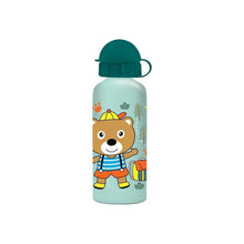 Mint aluminum water canteen with bear cartoon and teal flip-top lid