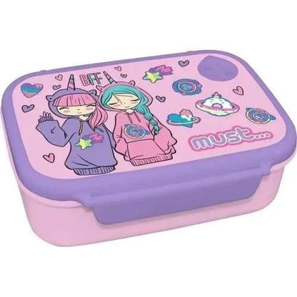 BFF 800 ml lunch box with purple lid and pastel base featuring two kids illustration