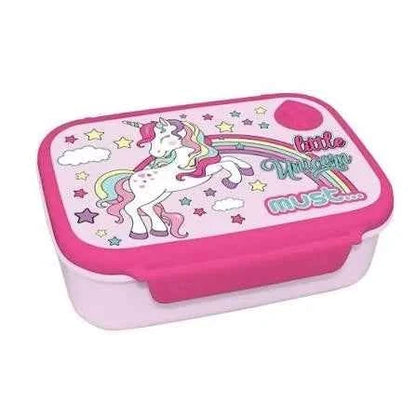 800ml lunch box with pink unicorn graphic and purple lid