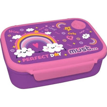 Purple and pink rainbow-themed lunch box with cute cloud bunny graphic