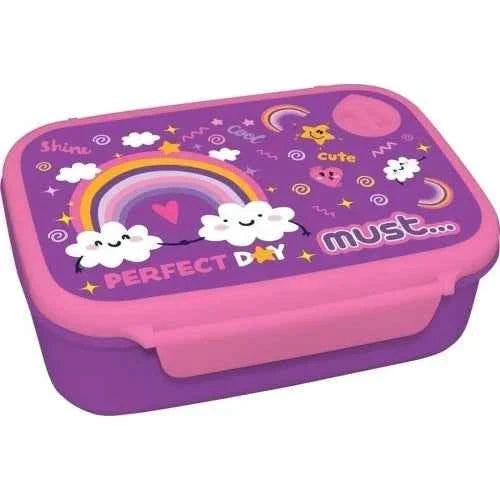 Rainbow clouds 800 ml lunch box with purple base and bunny heart graphic on lid
